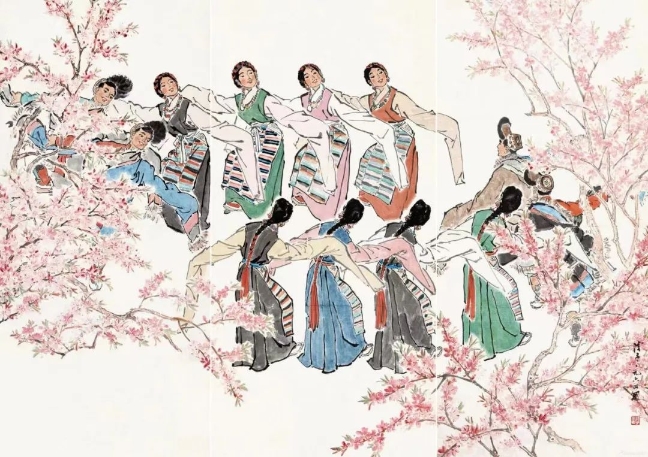 葉淺予高原之春紙本設(shè)色211cm×98cm、211cm×105cm、211cm×98cm1964年